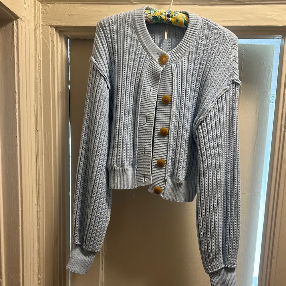 Free People Ribbed Cardigan Sweater - Light Gray with Brown Buttons
